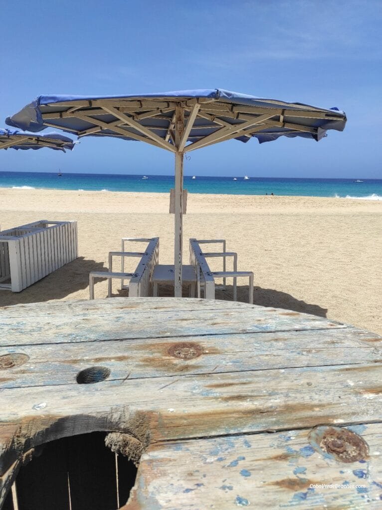 Panoramic view of Beach Bitche Rotcha on Maio Island, Cape Verde – white sandy shore stretching under a clear blue sky with gentle waves and local fishing boats.