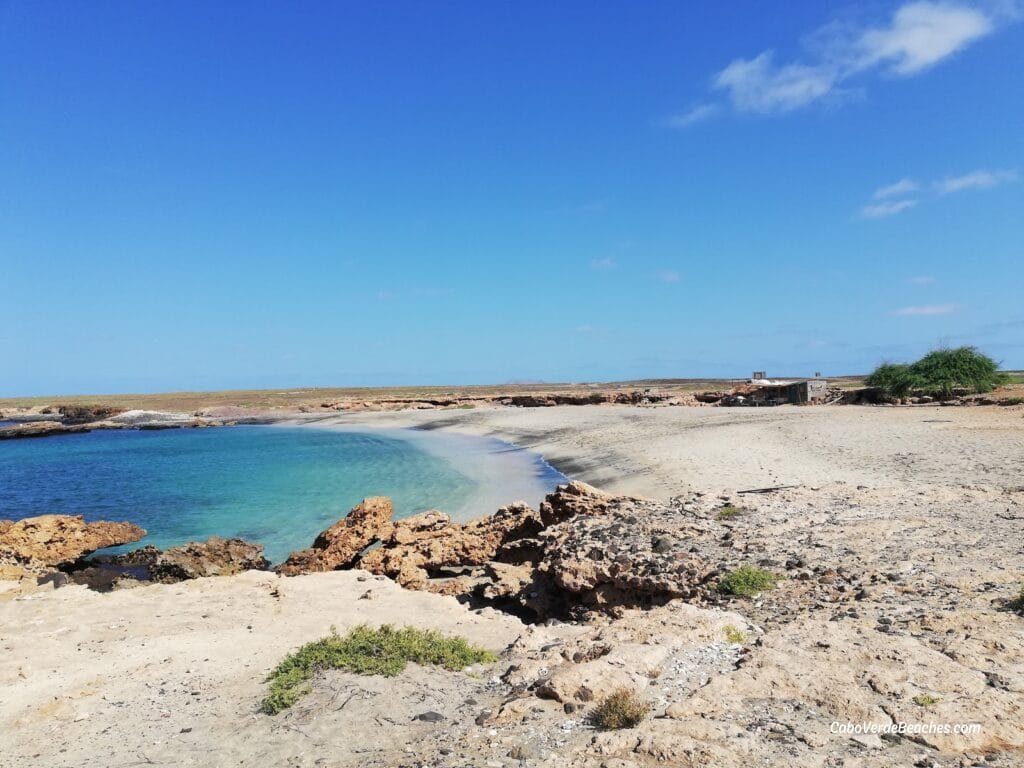 Peaceful view of Calheta Funda Beach with calm green-blue water, golden light at sunset, and birds flying over a serene and untouched coastline in Cape Verde.