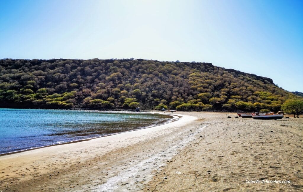 São Tomé Beach in Santiago Island, Cape Verde, with soft sand, turquoise ocean, and peaceful surroundings near the mountains and the village of São Tomé.