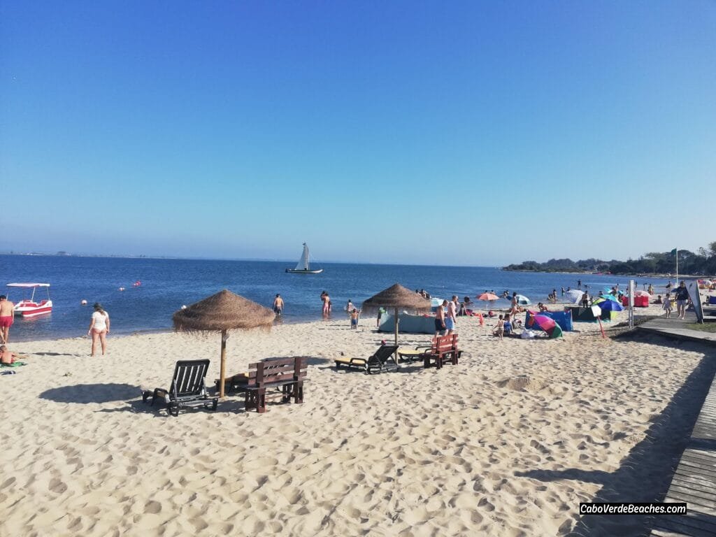 A breathtaking view of Monte Branco Beach's golden sands meeting the clear blue waters on Maio Island, Cape Verde.