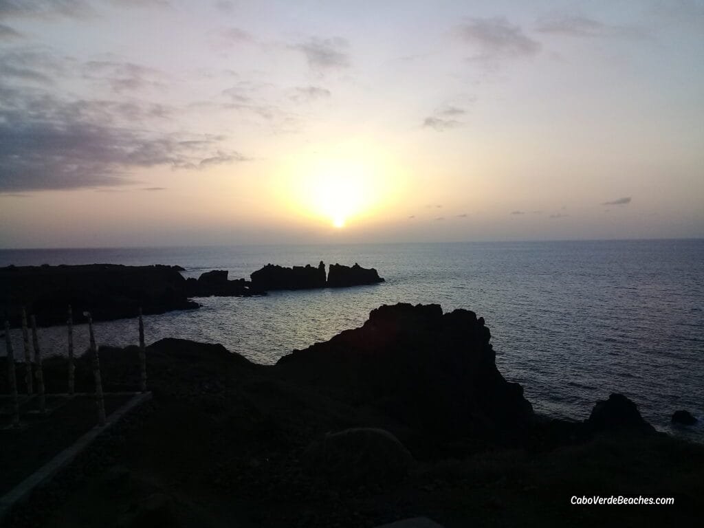 A breathtaking view of Piscina Natural Faja De Agua in Cape Verde, with turquoise waters surrounded by dark volcanic rocks.