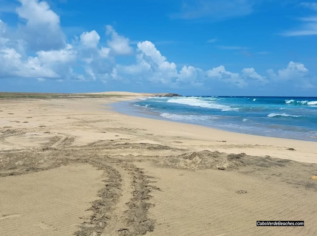 Pristine and tranquil remote coastline at Ponta dos Flamengos Beach, featuring crystal-clear turquoise water and fine white sand on Maio Island.
